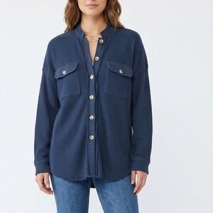 Chouyatou Shirt Jacket Women M Blue Waffle Knit Long Sleeve Flap Pockets Shacket